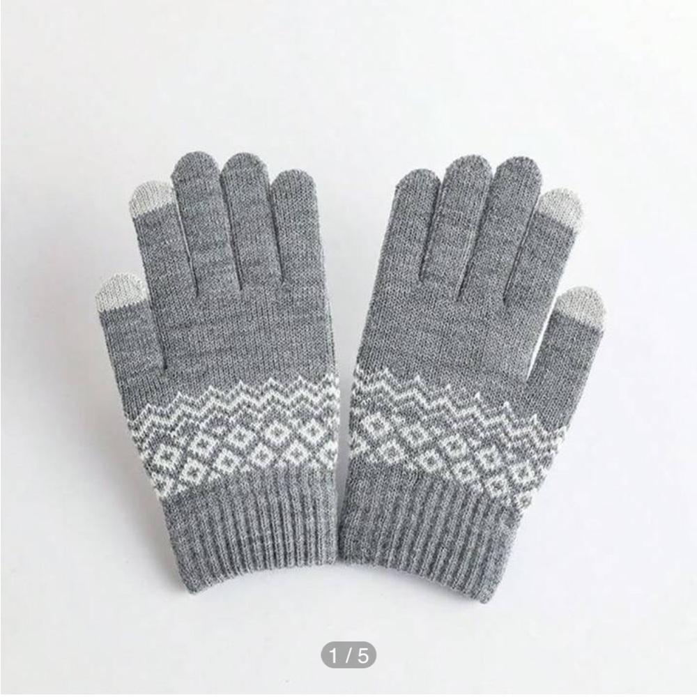 Knitted Touch Screen Women’s Gloves Jacquard Winter Warmers, 1 Pair - Grey